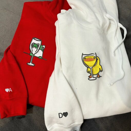 Embroidered Frog and Duck Drinking Matching Hoodies for Couples, Personalized Couple Sweatshirt, Couple Embroidered Sweatshirt, Valentine's Day Gifts Idea For Him Her-Nicesnkpro - Image 4