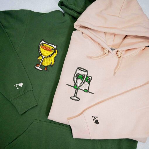 Custom Embroidered Frog and Duck Drinking Matching Hoodies for Couples, Personalized Couple Sweatshirt, Couple Embroidered Sweatshirt, Valentine's Day Gifts Idea For Him Her-Nicesnkpro