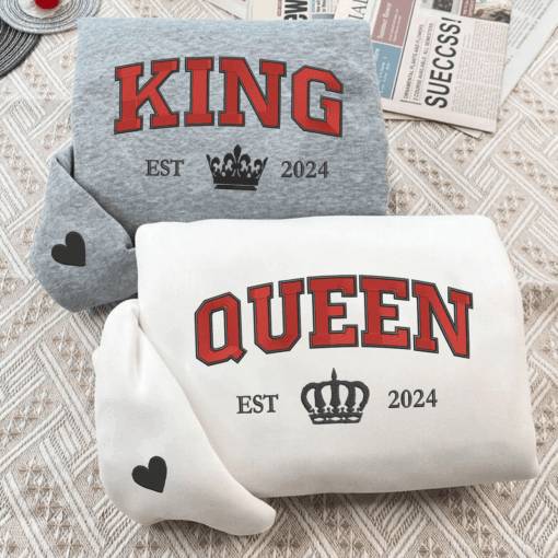 Custom Embroidered King and Queen Custom with Est Year Matching Hoodies for Couples, Personalized Couple Sweatshirt, Couple Embroidered Sweatshirt, Valentine's Day Gifts Idea For Him Her-Nicesnkpro