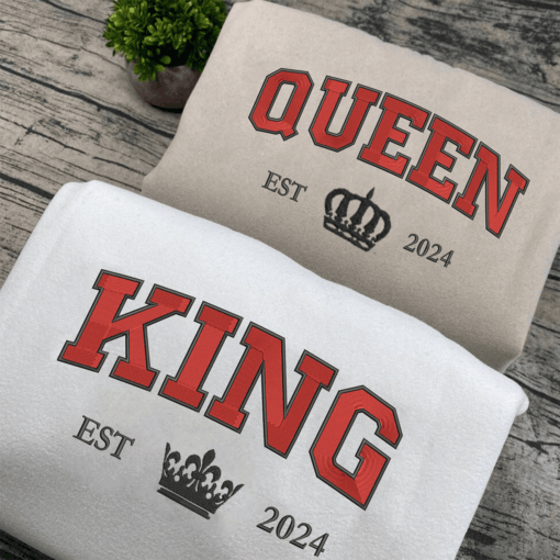 Embroidered King and Queen Custom with Est Year Matching Hoodies for Couples, Personalized Couple Sweatshirt, Couple Embroidered Sweatshirt, Valentine's Day Gifts Idea For Him Her-Nicesnkpro - Image 2