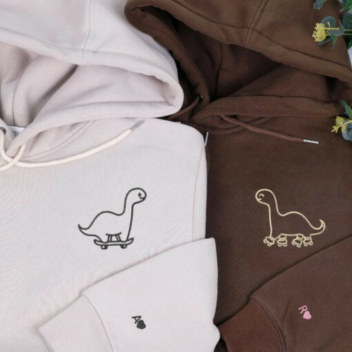 Custom Embroidered Skater Dino Matching Hoodies for Couples, Personalized Couple Sweatshirt, Couple Embroidered Sweatshirt, Valentine's Day Gifts Idea For Him Her Nicesnkpro