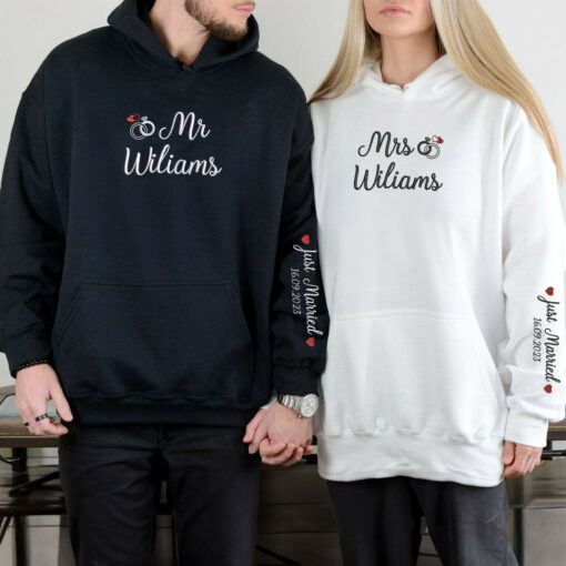 Embroidered Mr & Mrs Hoodies or Sweatshirts with Custom on Sleeve, Personalized Couple Sweatshirt, Couple Embroidered Sweatshirt, Valentine's Day Gifts Idea For Him Her-Nicesnkpro