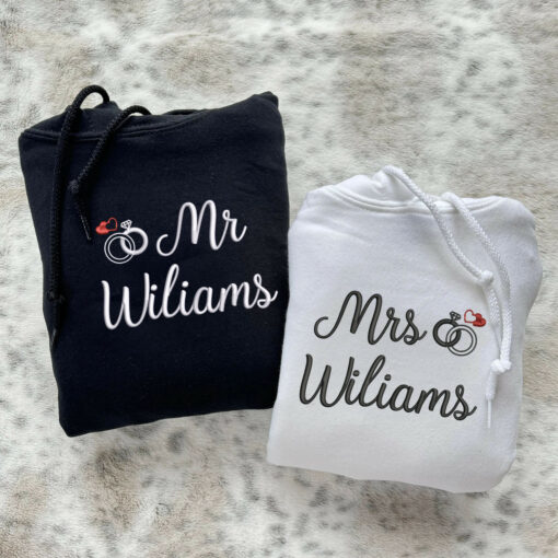Embroidered Mr & Mrs Hoodies or Sweatshirts with  on Sleeve, Personalized Couple Sweatshirt, Couple Embroidered Sweatshirt, Valentine's Day Gifts Idea For Him Her-Nicesnkpro - Image 2