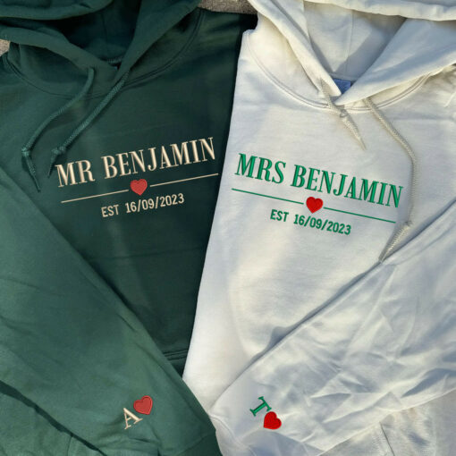 Embroidered Mr & Mrs with Est Year Hoodie or Sweatshirt, Personalized Couple Sweatshirt, Couple Embroidered Sweatshirt, Valentine's Day Gifts Idea For Him Her-Nicesnkpro