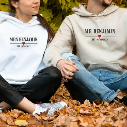 Embroidered Mr & Mrs with Est Year Hoodie or Sweatshirt, Personalized Couple Sweatshirt, Couple Embroidered Sweatshirt, Valentine's Day Gifts Idea For Him Her-Nicesnkpro - Image 2