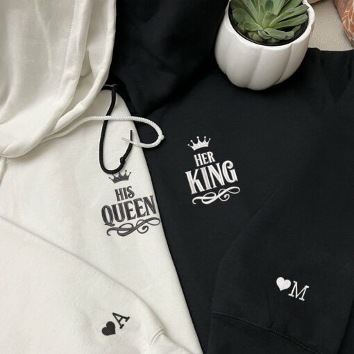 Her King x His Queen Custom Embroidered Matching Hoodies For Couples, Personalized Couple Sweatshirt, Couple Embroidered Sweatshirt, Valentine's Day Gifts Idea For Him Her-Nicesnkpro - Image 2