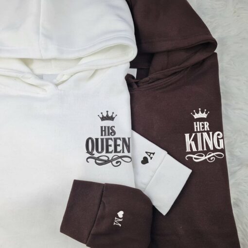 Her King x His Queen Custom Embroidered Matching Hoodies For Couples, Personalized Couple Sweatshirt, Couple Embroidered Sweatshirt, Valentine's Day Gifts Idea For Him Her Nicesnkpro