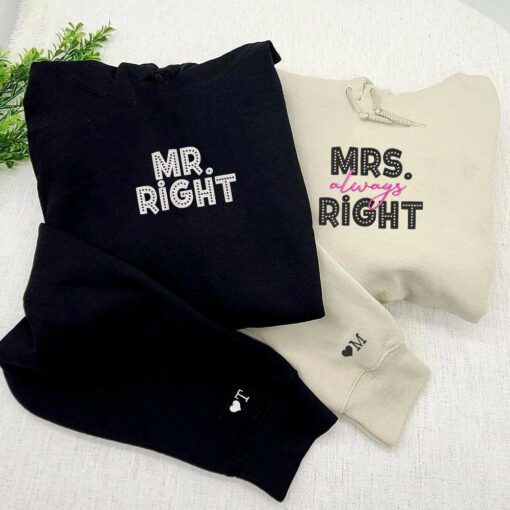Mr Right x Mrs Always Right Custom Embroidered Matching Hoodies For Couples, Personalized Couple Sweatshirt, Couple Embroidered Sweatshirt, Valentine's Day Gifts Idea For Him Her-Nicesnkpro - Image 2