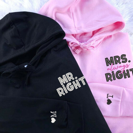 Mr Right x Mrs Always Right Pocket Custom Embroidered Matching Hoodies For Couples, Personalized Couple Sweatshirt, Couple Embroidered Sweatshirt, Valentine's Day Gifts Idea For Him Her-Nicesnkpro - Image 3
