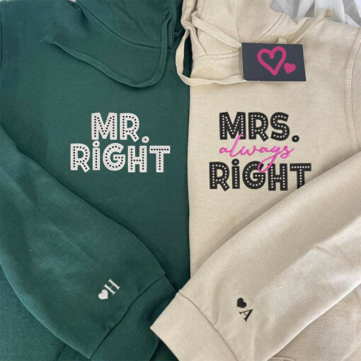 Mr Right x Mrs Always Right Pocket Custom Embroidered Matching Hoodies For Couples, Personalized Couple Sweatshirt, Couple Embroidered Sweatshirt, Valentine's Day Gifts Idea For Him Her-Nicesnkpro - Image 2