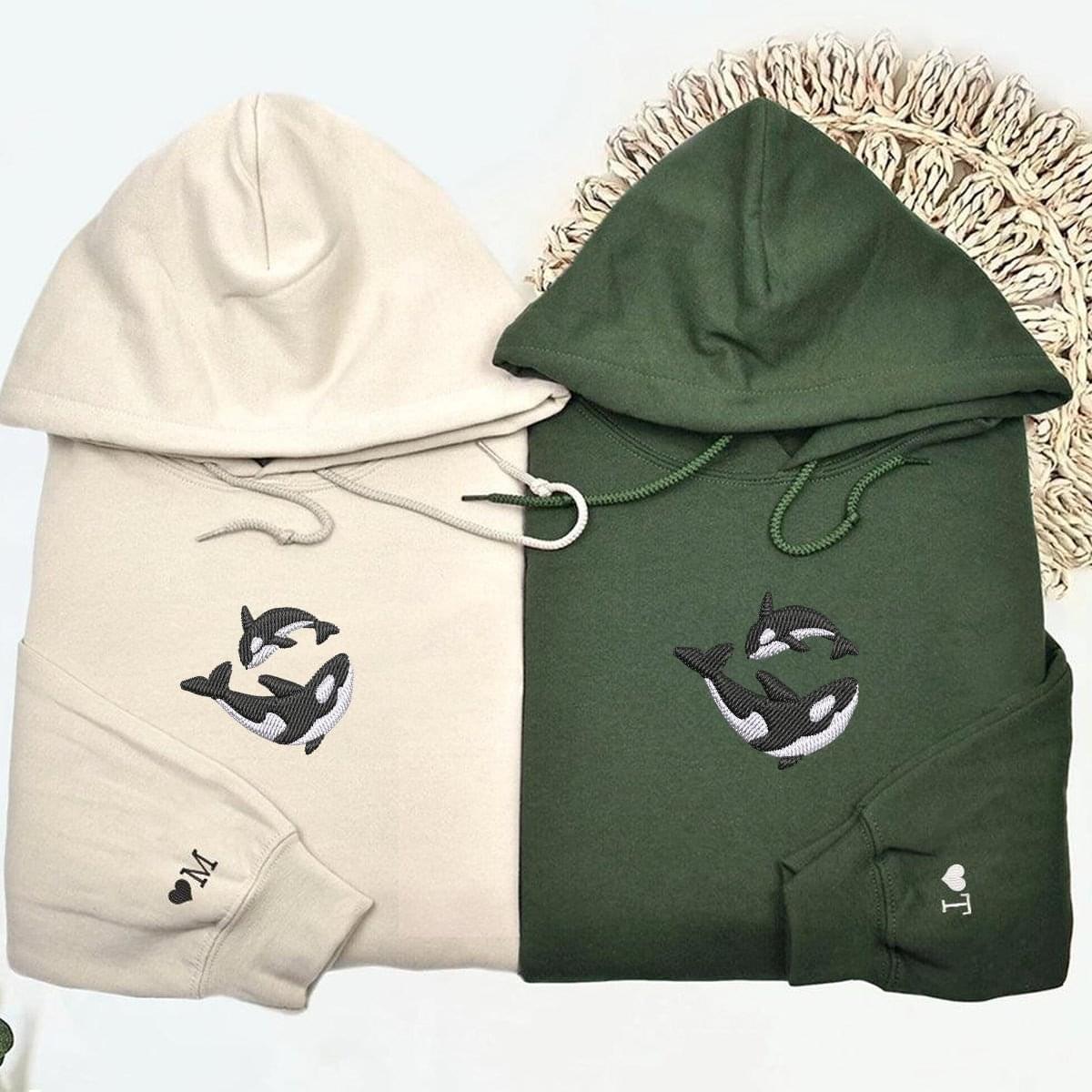 Embroidered Killer Whale Matching Hoodies for Couples, Personalized Couple Sweatshirt, Couple Embroidered Sweatshirt, Valentine's Day Gifts Idea For Him Her Nicesnkpro