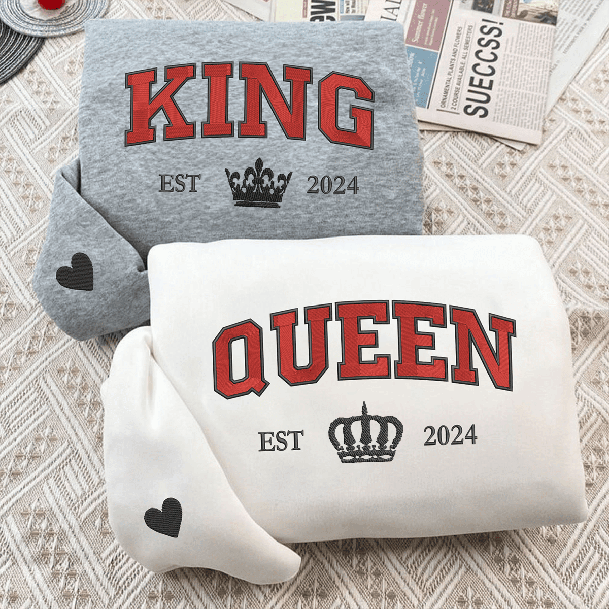 Embroidered King and Queen Custom with Est Year Matching Hoodies for Couples, Personalized Couple Sweatshirt, Couple Embroidered Sweatshirt, Valentine's Day Gifts Idea For Him Her-Nicesnkpro