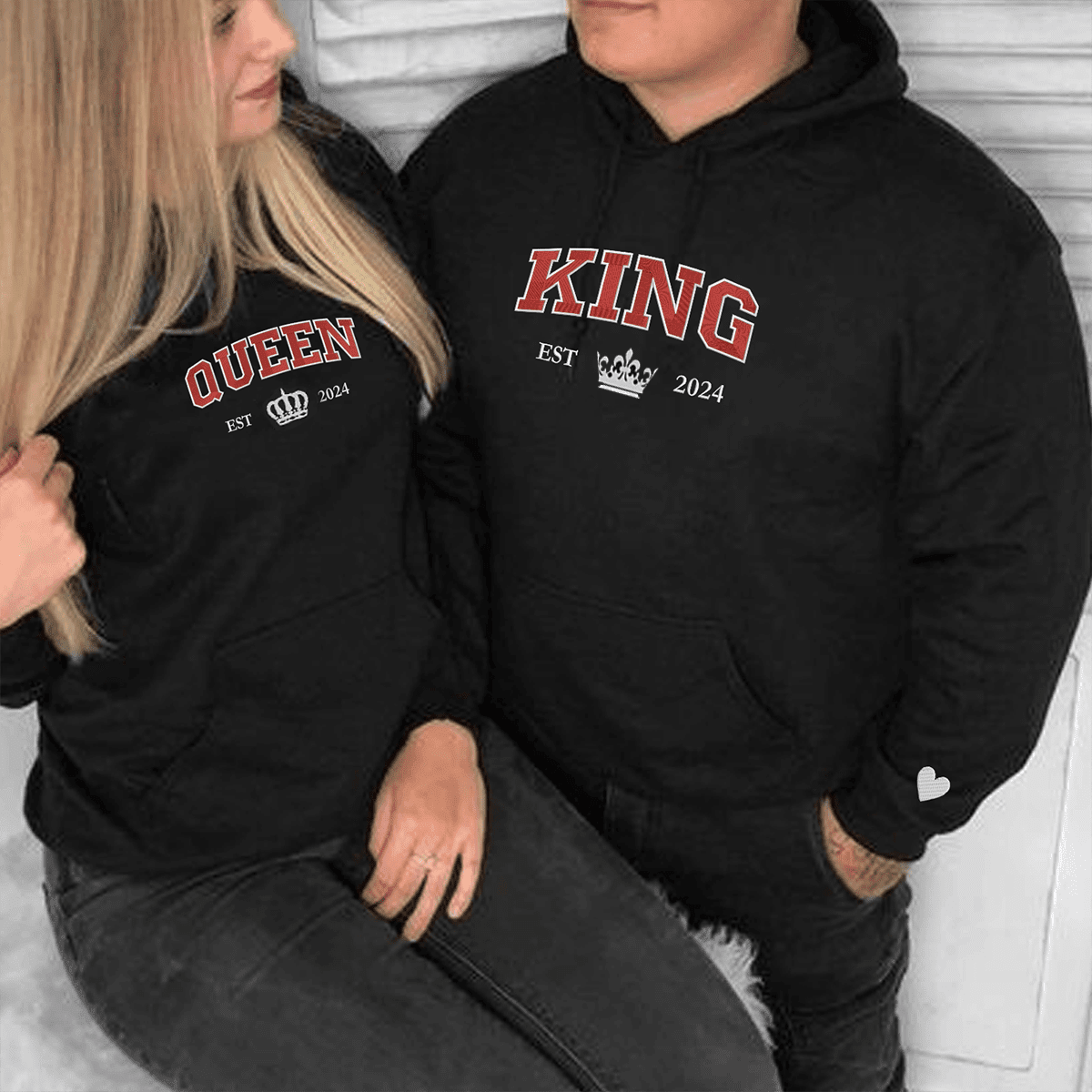 Embroidered King and Queen Custom with Est Year Matching Hoodies for Couples, Personalized Couple Sweatshirt, Couple Embroidered Sweatshirt, Valentine's Day Gifts Idea For Him Her-Nicesnkpro - Image 3