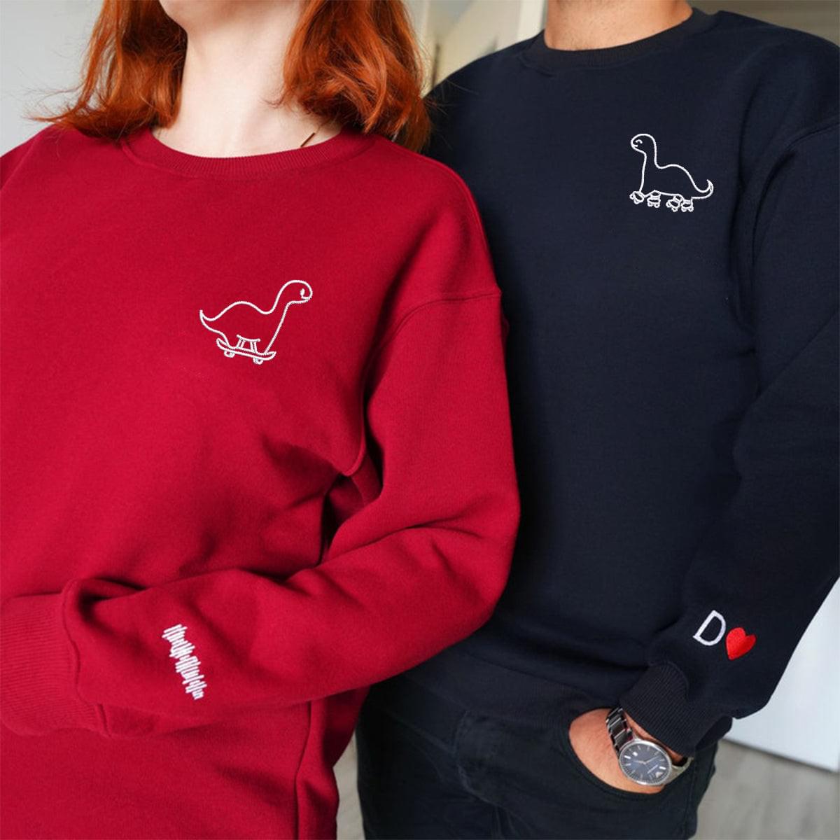 Embroidered Skater Dino Matching Hoodies for Couples — Personalized Sweatshirt, Valentine’s Day Gift for Him & Her Nicesnkpro