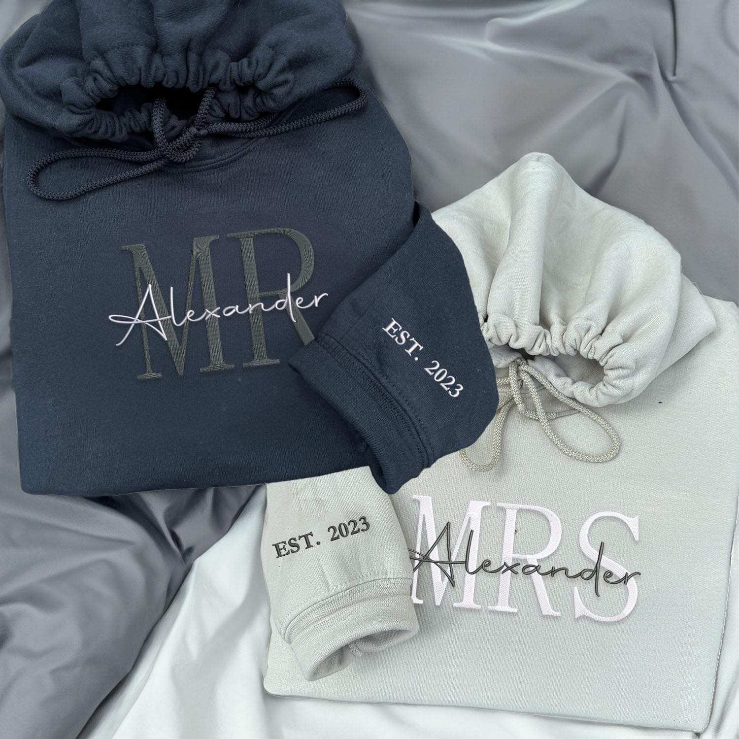 Embroidered Mr & Mrs Hoodies or Sweatshirts, Personalized Couple Sweatshirt, Couple Embroidered Sweatshirt, Valentine's Day Gifts Idea For Him Her-Nicesnkpro