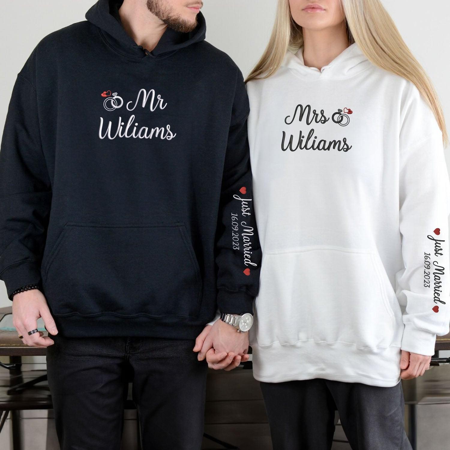 Embroidered Mr & Mrs Hoodies or Sweatshirts with  on Sleeve, Personalized Couple Sweatshirt, Couple Embroidered Sweatshirt, Valentine's Day Gifts Idea For Him Her-Nicesnkpro
