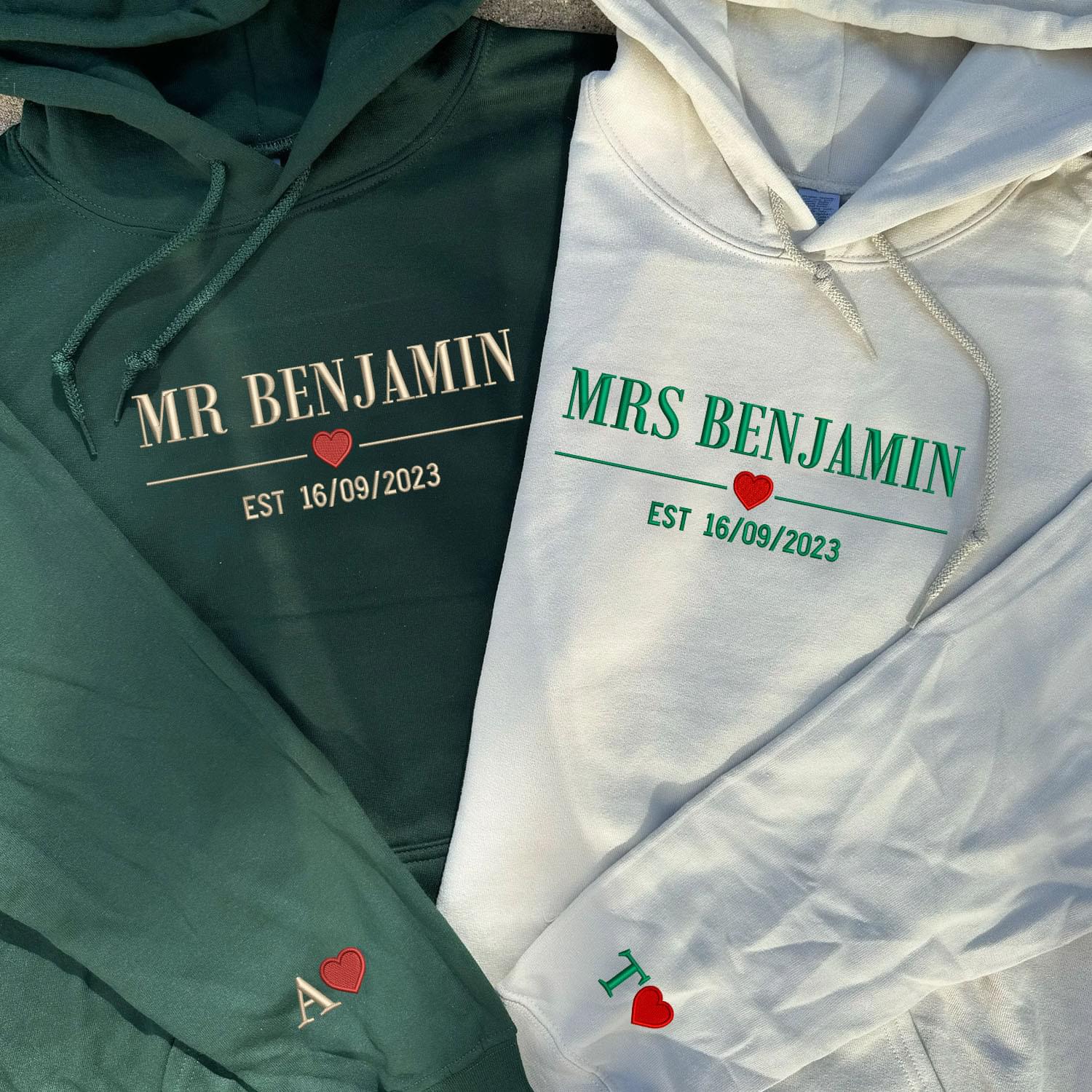 Embroidered Mr & Mrs with Est Year Hoodie or Sweatshirt, Personalized Couple Sweatshirt, Couple Embroidered Sweatshirt, Valentine's Day Gifts Idea For Him Her-Nicesnkpro