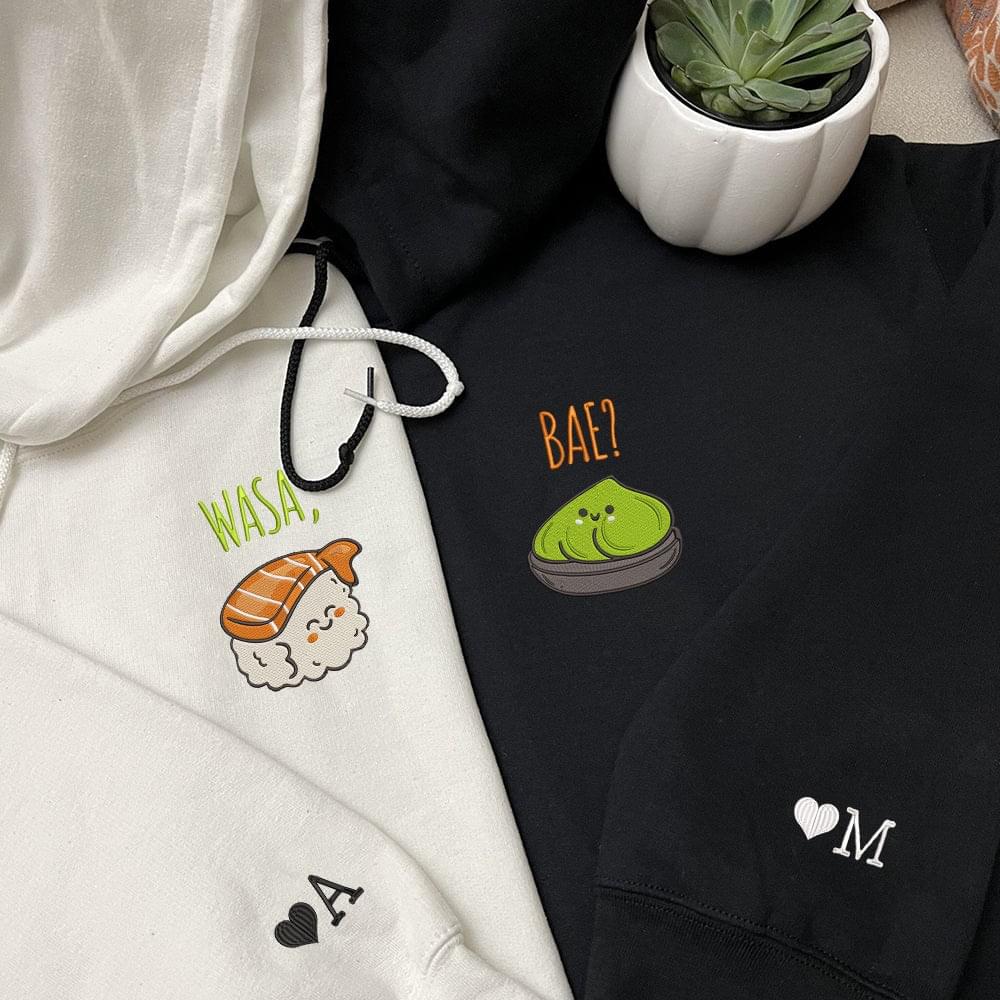 Funny Wasa-Bae Matching Custom Embroidered Matching Hoodies For Couples, Personalized Couple Sweatshirt, Couple Embroidered Sweatshirt, Valentine's Day Gifts Idea For Him Her Nicesnkpro