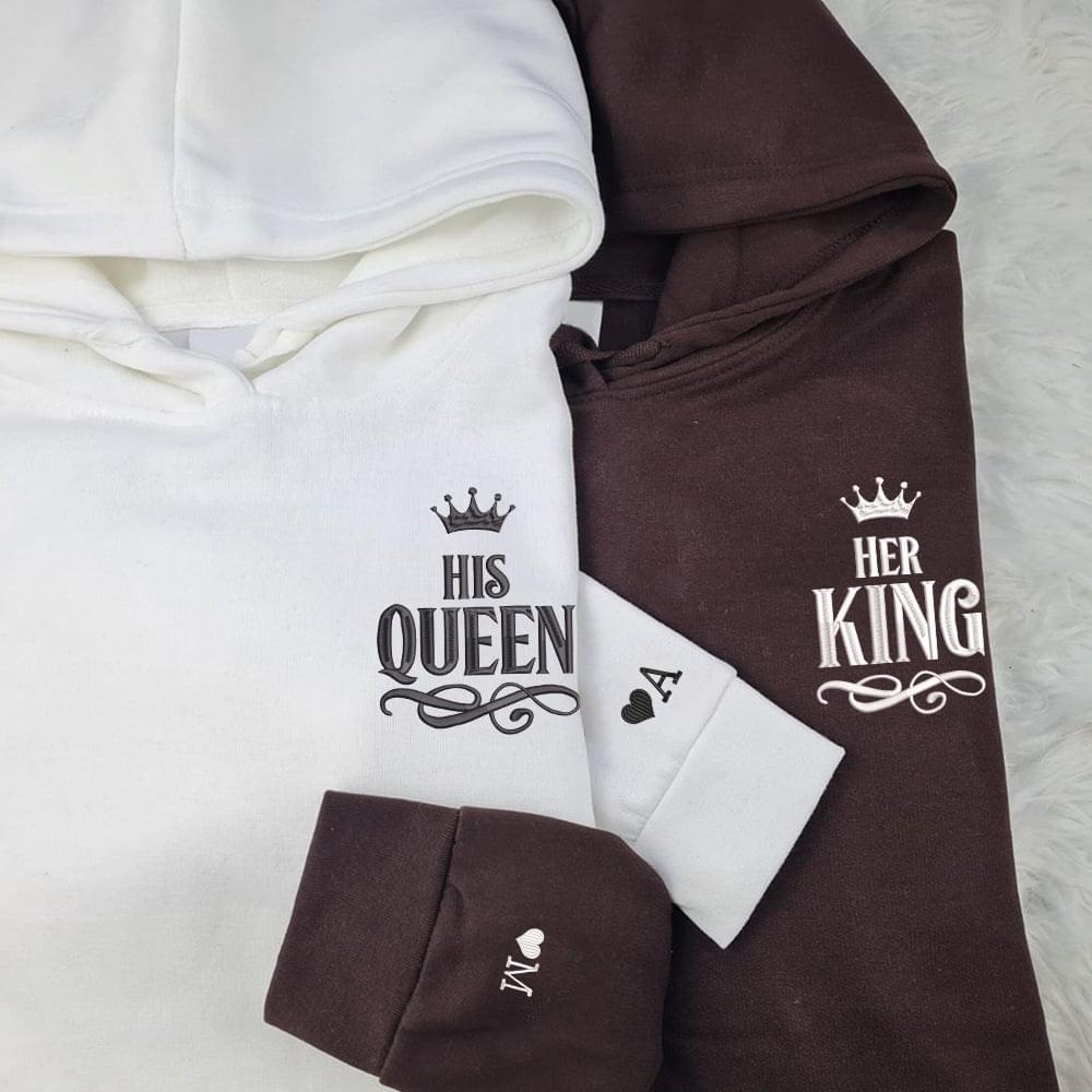 Her King x His Queen Custom Embroidered Matching Hoodies For Couples, Personalized Couple Sweatshirt, Couple Embroidered Sweatshirt, Valentine's Day Gifts Idea For Him Her-Nicesnkpro