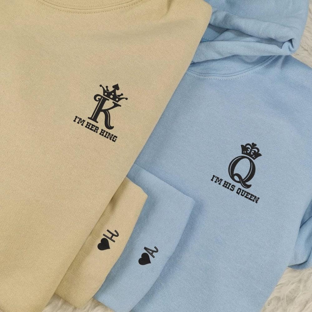 His King x Her King Custom Embroidered Matching Hoodies For Couples, Personalized Couple Sweatshirt, Couple Embroidered Sweatshirt, Valentine's Day Gifts Idea For Him Her-Nicesnkpro