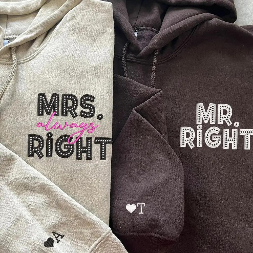 Mr Right x Mrs Always Right Pocket Custom Embroidered Matching Hoodies For Couples, Personalized Couple Sweatshirt, Couple Embroidered Sweatshirt, Valentine's Day Gifts Idea For Him Her-Nicesnkpro